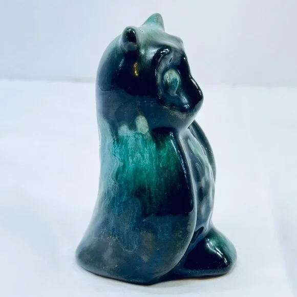 Vintage Small Blue Mountain Owl Ceramic Figurine Glazed Blue and Black - Picture 2 of 5